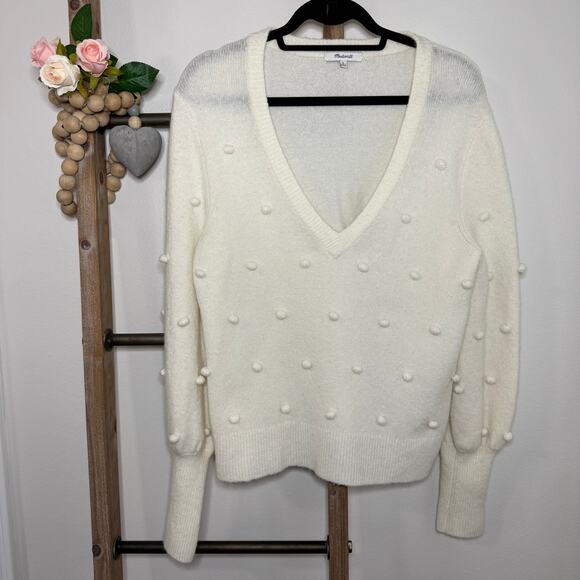 Madewell Bobble Dashwood V Neck Bright Ivory Sweater Size Medium - Picture 1 of 10